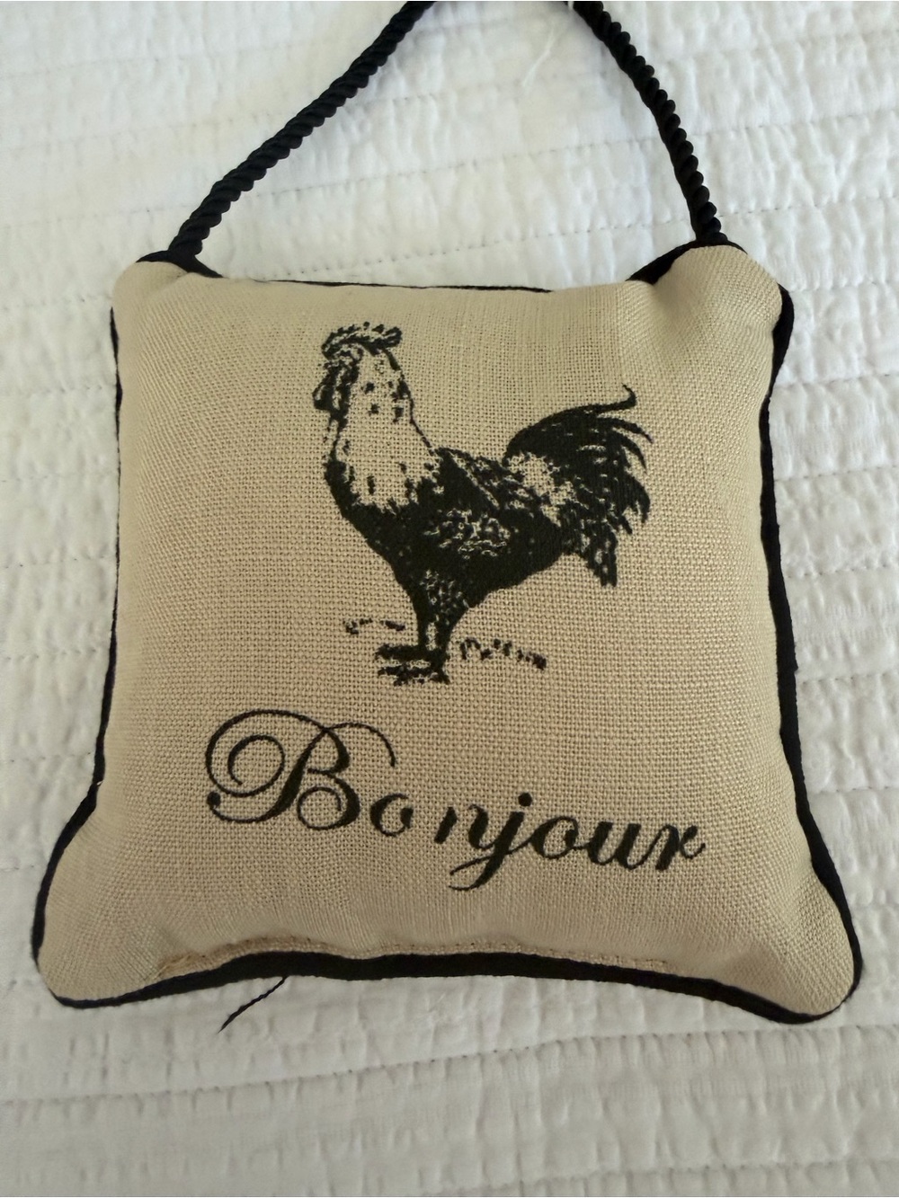 Bonjour Bonuit French Rooster Doorknob Accent Pillow - Black and Cream